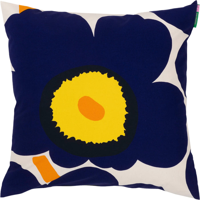 Marimekko Unikko 60° Anniversario copricuscino, cotone, blu scuro, arancione & giallo 50x50 cm
