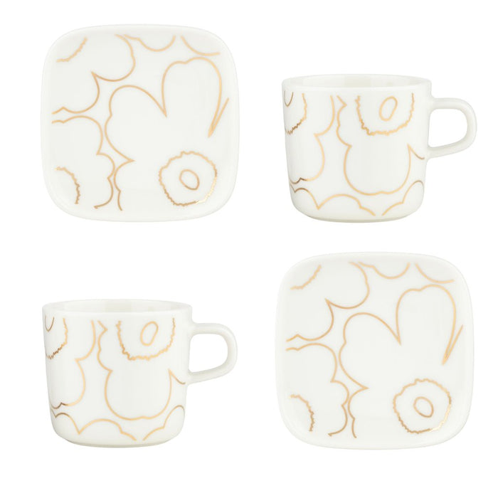 Marimekko Oiva Piirto Unikko tazza 2 dl e piattino 10 x 10 cm, set 4 pz, bianco & oro